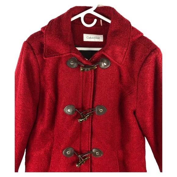Calvin Klein Red Wool Blend Hooded Mid-Length Toggle Coat - Picture 8 of 12